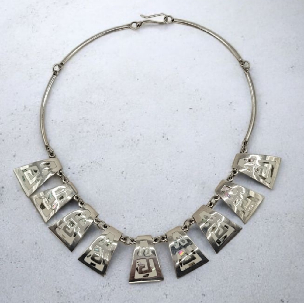 Vintage Alpaca Silver Abalone Inlay Greek Key Collar Necklace 15" Choker
